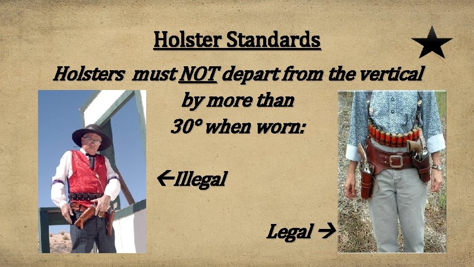 Holster Standards Holsters must NOT depart from the vertical by more than 30° when