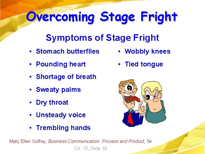 Overcoming Stage Fright Symptoms of Stage Fright • Stomach butterflies • Wobbly knees •