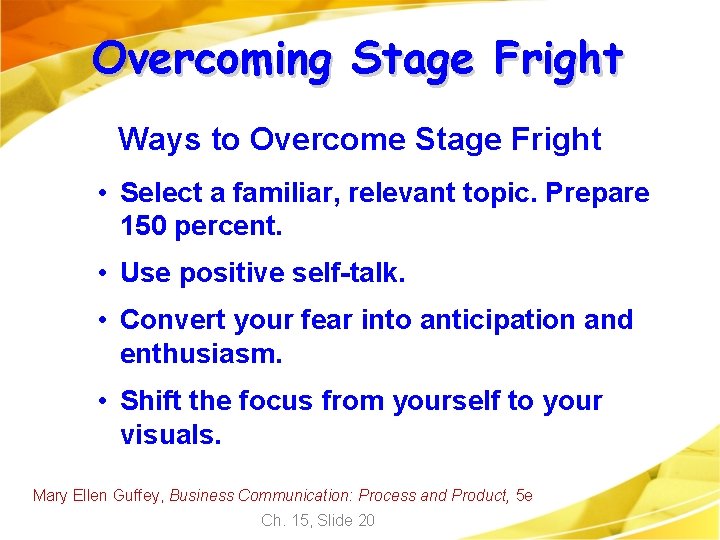 Overcoming Stage Fright Ways to Overcome Stage Fright • Select a familiar, relevant topic.