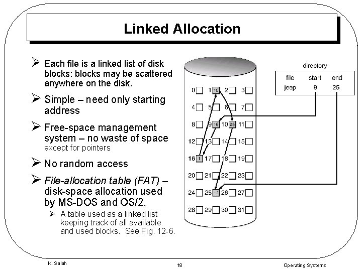 Linked Allocation Ø Each file is a linked list of disk blocks: blocks may