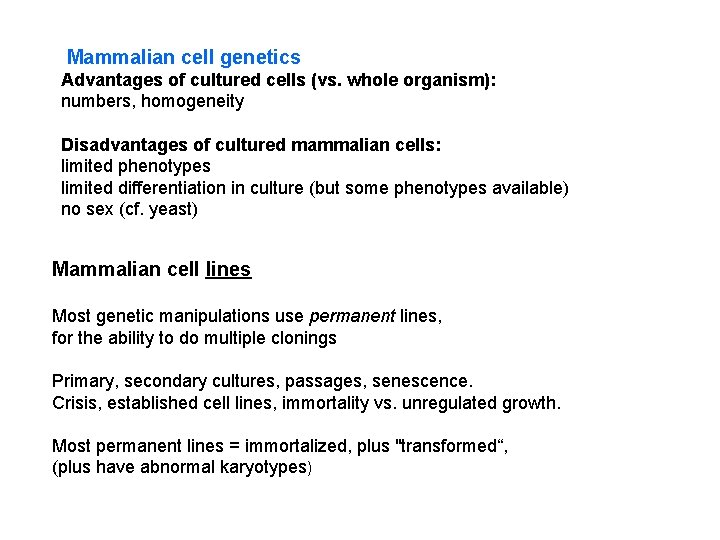 Mammalian cell genetics Advantages of cultured cells (vs. whole organism): numbers, homogeneity Disadvantages of