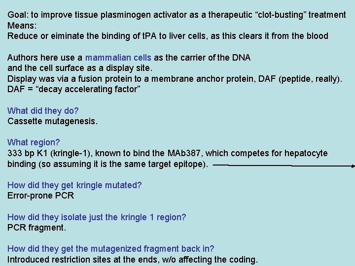 Goal: to improve tissue plasminogen activator as a therapeutic “clot-busting” treatment Means: Reduce or