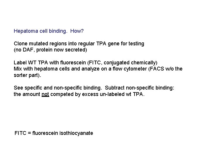 Hepatoma cell binding. How? Clone mutated regions into regular TPA gene for testing (no