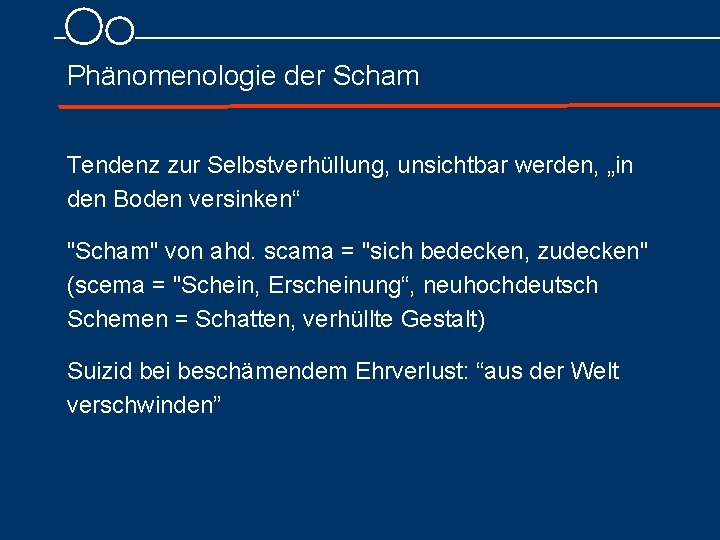 Phänomenologie der Scham Tendenz zur Selbstverhüllung, unsichtbar werden, „in den Boden versinken“ "Scham" von