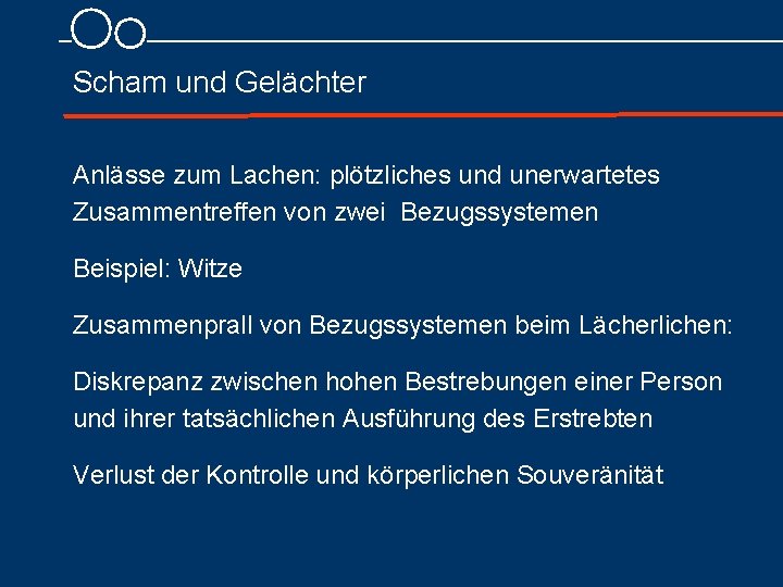 Scham und Gelächter Anlässe zum Lachen: plötzliches und unerwartetes Zusammentreffen von zwei Bezugssystemen Beispiel: