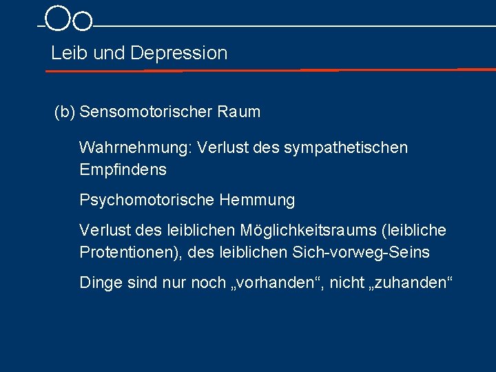 Leib und Depression (b) Sensomotorischer Raum Wahrnehmung: Verlust des sympathetischen Empfindens Psychomotorische Hemmung Verlust