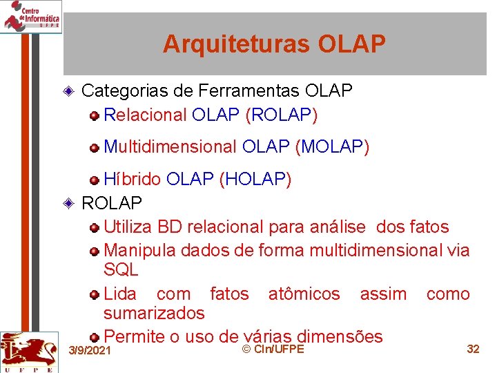Arquiteturas OLAP Categorias de Ferramentas OLAP Relacional OLAP (ROLAP) Multidimensional OLAP (MOLAP) Híbrido OLAP