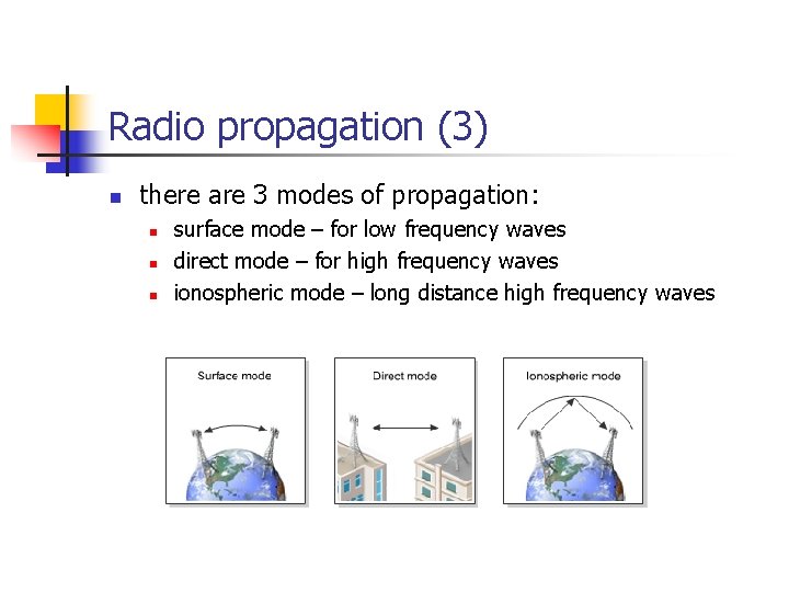 Radio propagation (3) n there are 3 modes of propagation: n n n surface