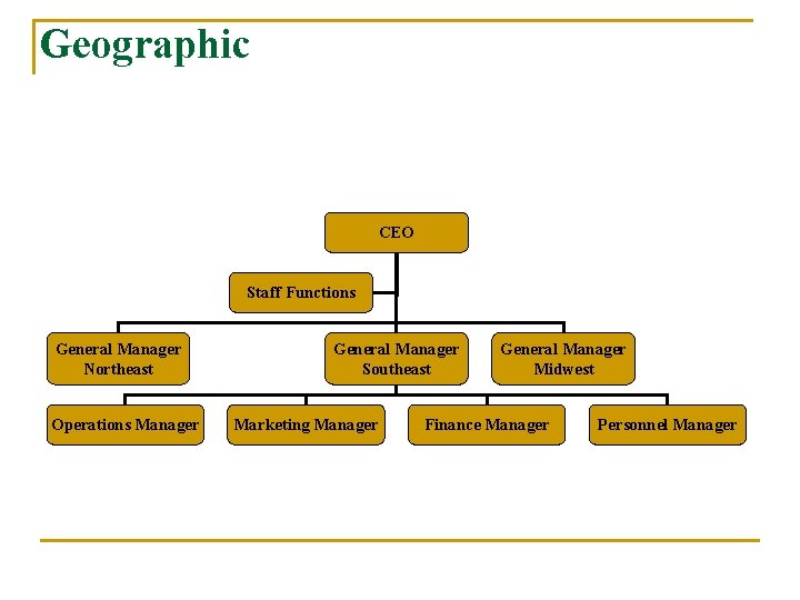 Geographic CEO Staff Functions General Manager Northeast Operations Manager General Manager Southeast Marketing Manager