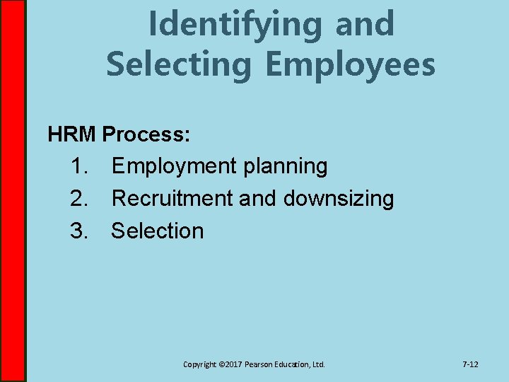 Identifying and Selecting Employees HRM Process: 1. Employment planning 2. Recruitment and downsizing 3.