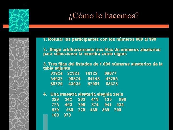 ¿Cómo lo hacemos? 1. Rotular los participantes con los números 000 al 999 2. ¿Cómo lo hacemos? 1. Rotular los participantes con los números 000 al 999 2.