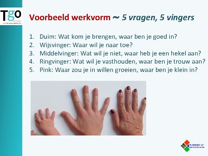 Voorbeeld werkvorm 5 vragen, 5 vingers 1. 2. 3. 4. 5. Duim: Wat kom