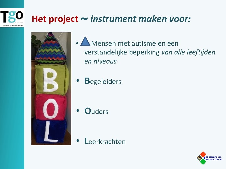 Het project instrument maken voor: • Mensen met autisme en een verstandelijke beperking van