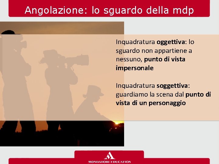 Angolazione: lo sguardo della mdp Inquadratura oggettiva: lo sguardo non appartiene a nessuno, punto