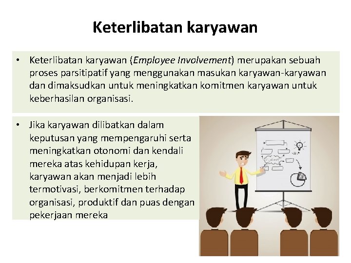 Keterlibatan karyawan • Keterlibatan karyawan (Employee Involvement) merupakan sebuah proses parsitipatif yang menggunakan masukan