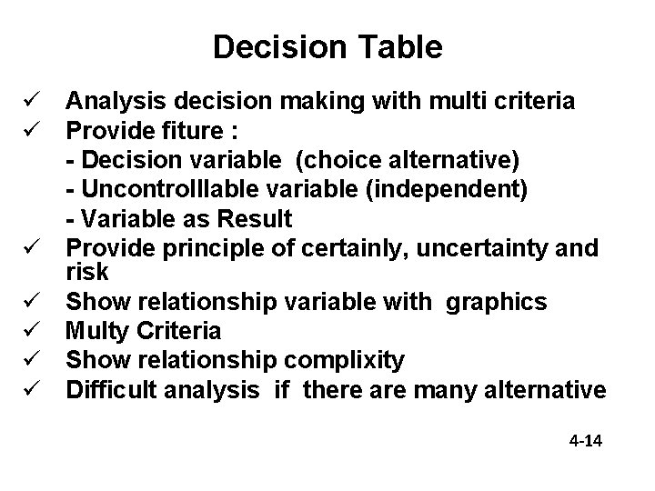 Decision Table ü Analysis decision making with multi criteria ü Provide fiture : -