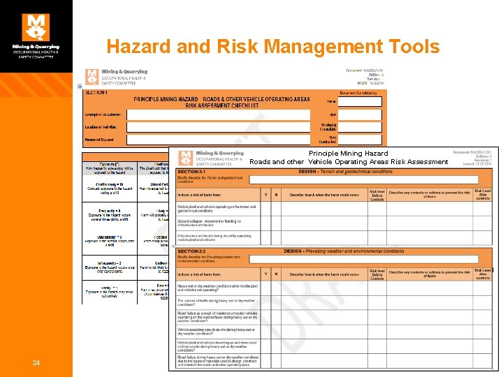 Hazard and Risk Management Tools Principle Mining Hazard Roads and other Vehicle Operating Areas