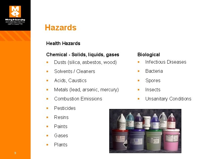 Hazards Health Hazards 9 Chemical - Solids, liquids, gases Biological § Dusts (silica, asbestos,