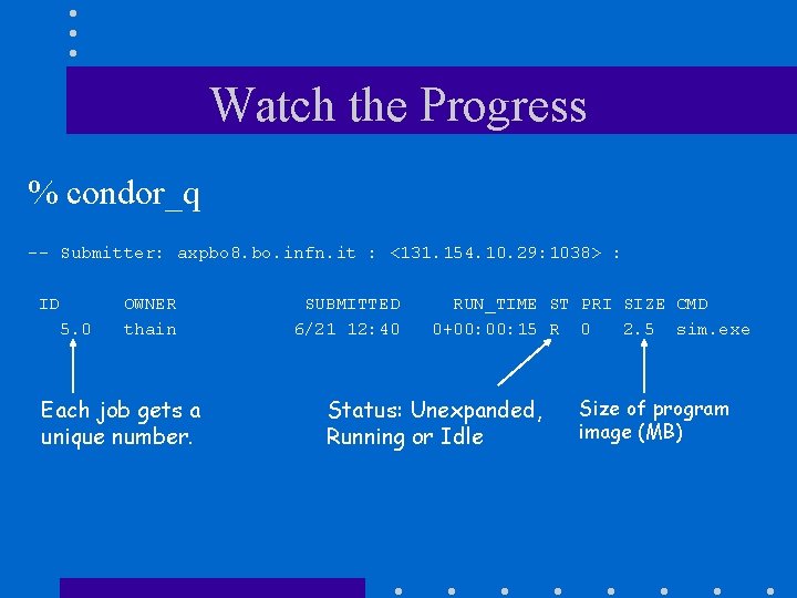 Watch the Progress % condor_q -- Submitter: axpbo 8. bo. infn. it : <131.