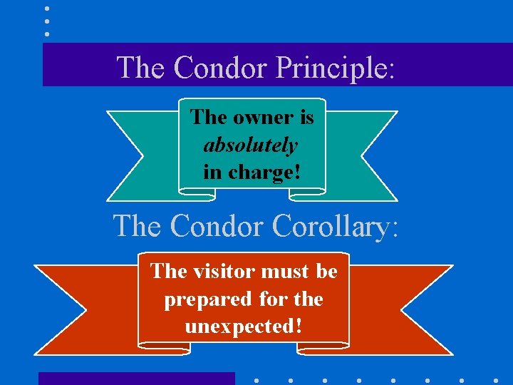 The Condor Principle: The owner is absolutely in charge! The Condor Corollary: The visitor