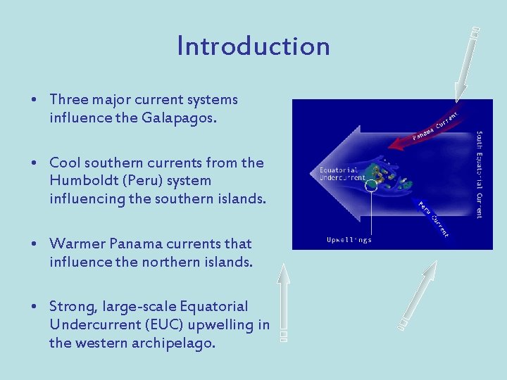 Introduction • Three major current systems influence the Galapagos. • Cool southern currents from