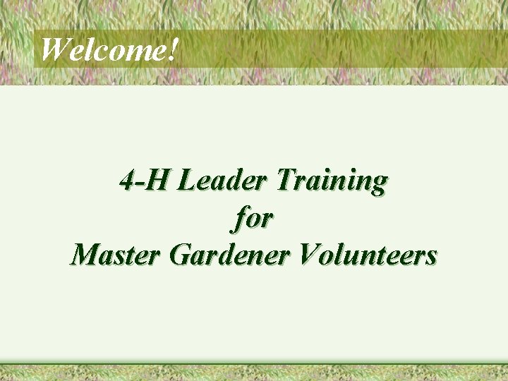 Welcome! 4 -H Leader Training for Master Gardener Volunteers 