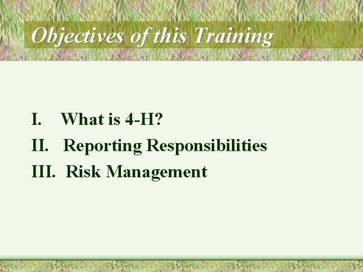 Objectives of this Training I. What is 4 -H? II. Reporting Responsibilities III. Risk