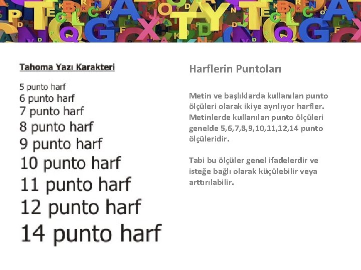 Harflerin Puntoları Metin ve başlıklarda kullanılan punto ölçüleri olarak ikiye ayrılıyor harfler. Metinlerde kullanılan