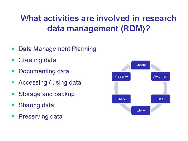 What activities are involved in research data management (RDM)? § Data Management Planning §