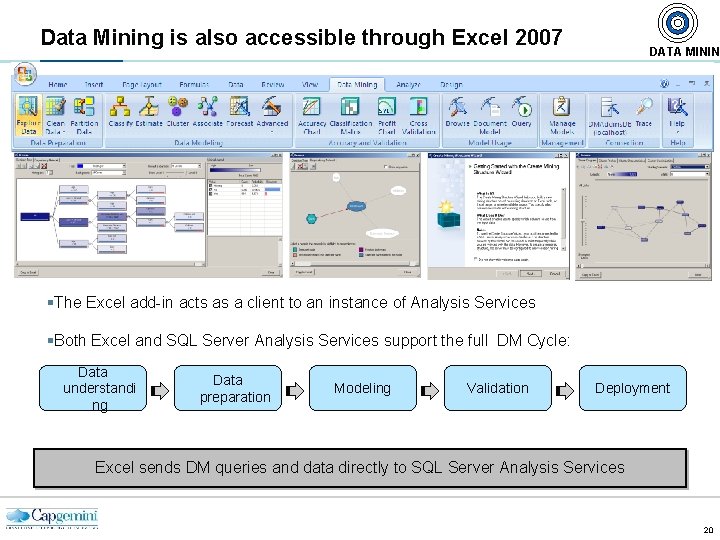 Data Mining is also accessible through Excel 2007 DATA MININ §The Excel add-in acts