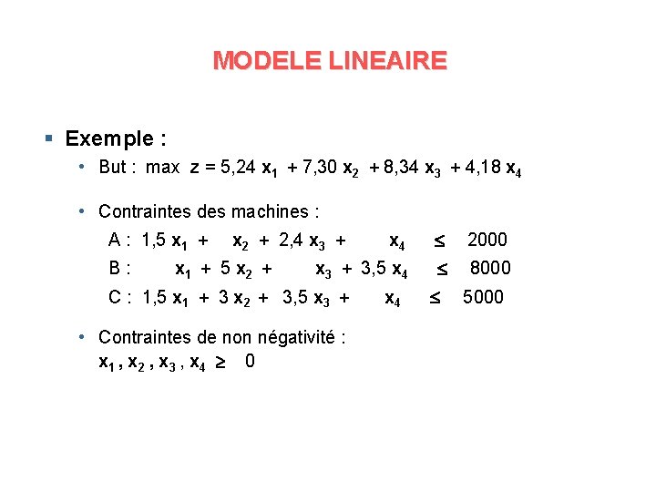 MODELE LINEAIRE § Exemple : • But : max z = 5, 24 x