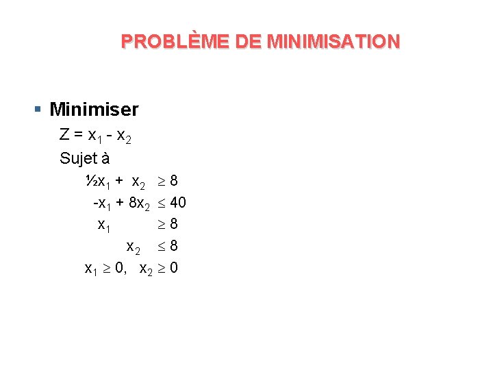 PROBLÈME DE MINIMISATION § Minimiser Z = x 1 - x 2 Sujet à