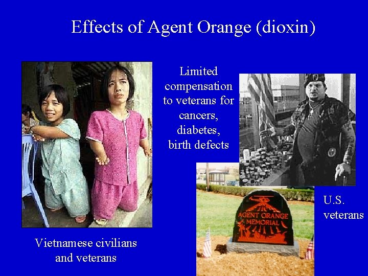 Effects of Agent Orange (dioxin) Limited compensation to veterans for cancers, diabetes, birth defects