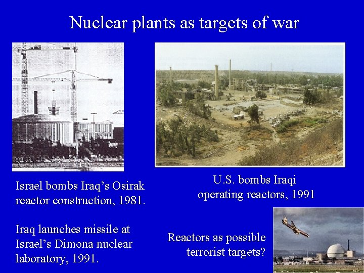 Nuclear plants as targets of war Israel bombs Iraq’s Osirak reactor construction, 1981. Iraq