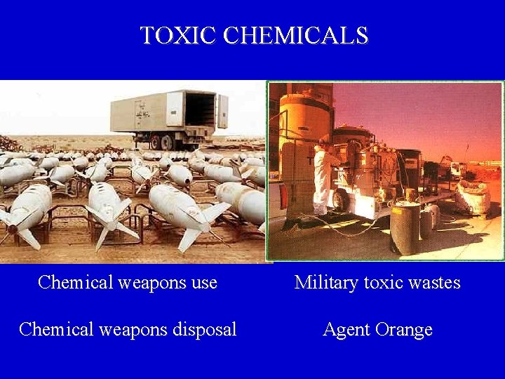 TOXIC CHEMICALS Chemical weapons use Military toxic wastes Chemical weapons disposal Agent Orange 