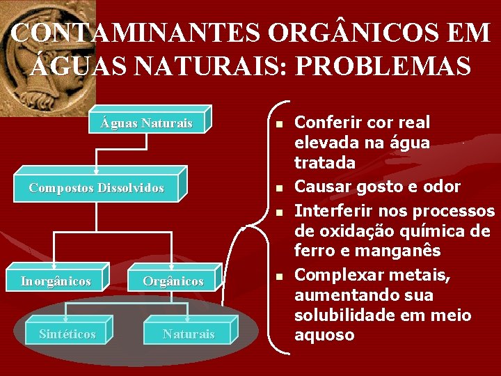 CONTAMINANTES ORG NICOS EM ÁGUAS NATURAIS: PROBLEMAS Águas Naturais Compostos Dissolvidos n n n