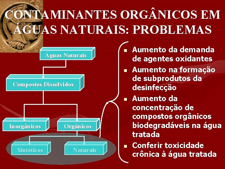 CONTAMINANTES ORG NICOS EM ÁGUAS NATURAIS: PROBLEMAS Águas Naturais n n Compostos Dissolvidos n