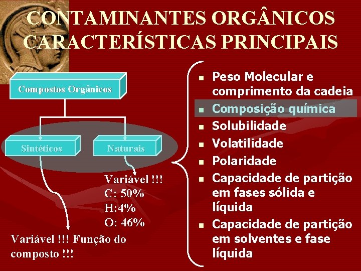 CONTAMINANTES ORG NICOS CARACTERÍSTICAS PRINCIPAIS n Compostos Orgânicos n n Sintéticos Naturais n n