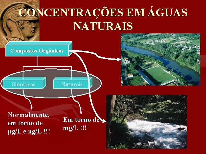 CONCENTRAÇÕES EM ÁGUAS NATURAIS Compostos Orgânicos Sintéticos Normalmente, em torno de µg/L e ng/L