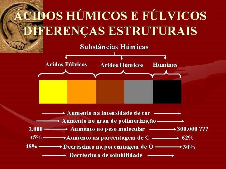 ÁCIDOS HÚMICOS E FÚLVICOS DIFERENÇAS ESTRUTURAIS Substâncias Húmicas Ácidos Fúlvicos 2. 000 45% 48%