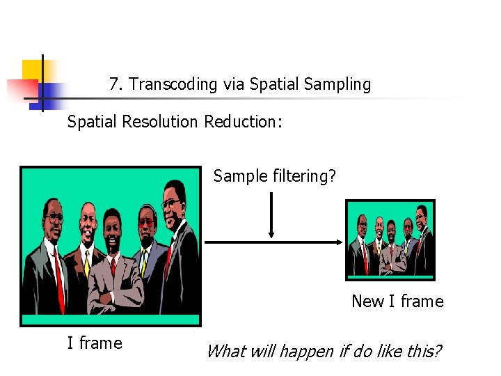 7. Transcoding via Spatial Sampling Spatial Resolution Reduction: Sample filtering? New I frame What