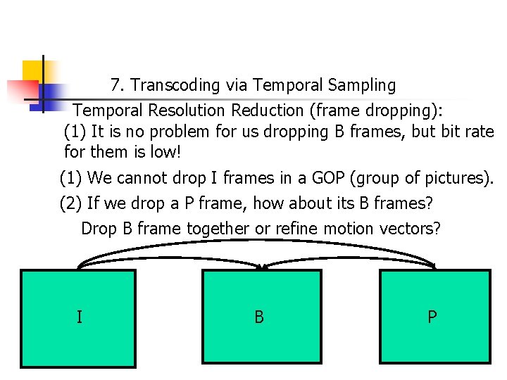 7. Transcoding via Temporal Sampling Temporal Resolution Reduction (frame dropping): (1) It is no