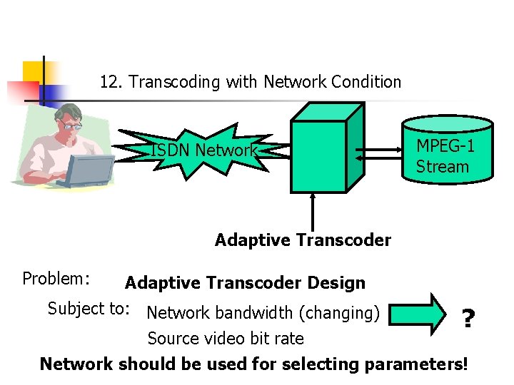 12. Transcoding with Network Condition ISDN Network MPEG-1 Stream Adaptive Transcoder Problem: Adaptive Transcoder