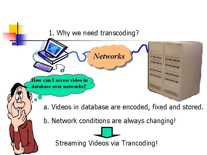 1. Why we need transcoding? Networks How can I access video in database over