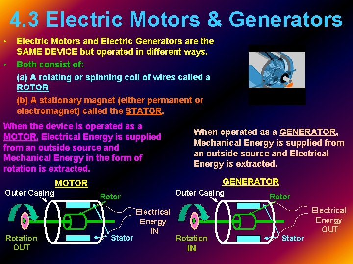4. 3 Electric Motors & Generators • • Electric Motors and Electric Generators are