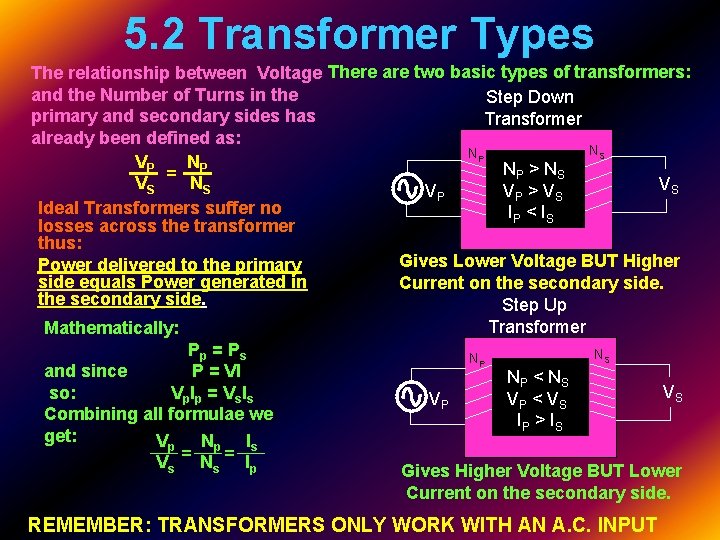 5. 2 Transformer Types The relationship between Voltage There are two basic types of