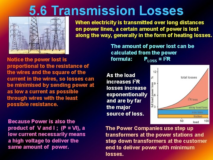 5. 6 Transmission Losses When electricity is transmitted over long distances on power lines,