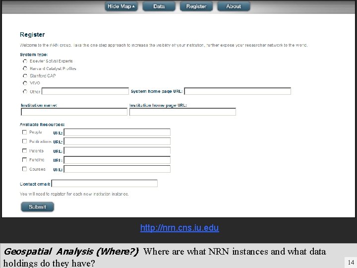 http: //nrn. cns. iu. edu Geospatial Analysis (Where? ) Where are what NRN instances