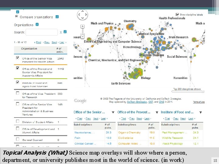 Topical Analysis (What) Science map overlays will show where a person, department, or university