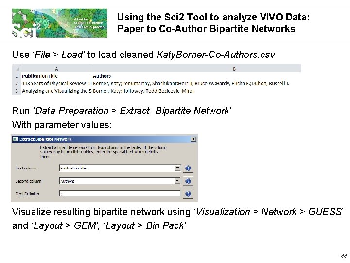 Using the Sci 2 Tool to analyze VIVO Data: Paper to Co-Author Bipartite Networks